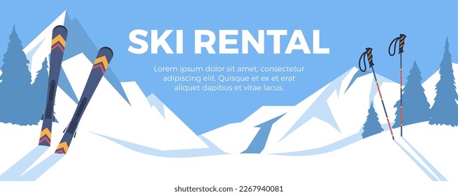 Ski rental poster or banner template with sport equipment flat vector illustration. Advertisement banner or flyer design for renting of winter sport equipment.