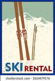 Ski rental retro poster design with pair of skis and winter mountain shape. Winter vacation concept.