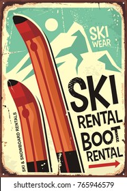 Ski rental retro sign design with pair of skis and winter mountain shape. Winter vacation concept.