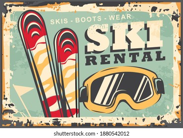 Ski Rental Retro Winter Sign Design For Winter Vacation Destination Ski Resorts. Equipment For Winter Snow Sports And Activities. Vintage Poster Vector Template. 