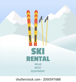 Ski rental template. Mountains, ski and ski poles. Winter sport. Vector illustration