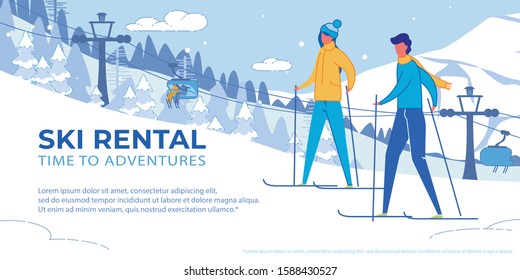 Ski Rental and Winter Outdoor Activity, Adventures. People Cartoon Characters, Man and Woman Skiing in Mountain Resort Landscape. Tourism and Traveling, Sports Playing. Flat Vector Illustration.