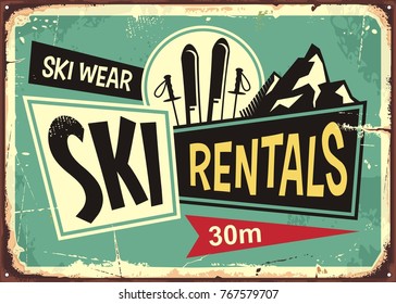 Ski Rentals Retro Tin Sign Design. Ski Equipment Ad Poster With Pair Of Skis And Mountain Drawing. Vector Illustration.