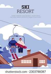 Ski resort advertising poster with man and woman on chairlift, flat vector illustration. People skiing and snowboarding in mountains. Winter vacation and holiday activities.