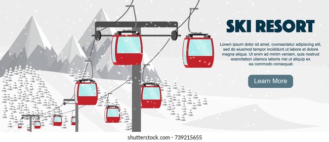 Ski resort, aerial lift flat vector illustration. Alps, fir trees, mountains wide panoramic background. Winter activities banner design.