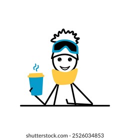 Estación de esquí, apres ski bar, mujer esquiadora con un café caliente después de esquiar, stickman personaje, Ilustración vectorial