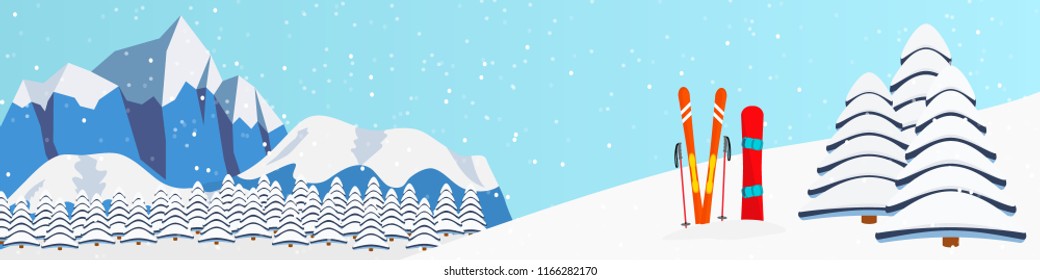 Ski resort background, wide vector illustration. Ski equipment, snowboard, Alps mountains, fir trees, falling snow and space for text, cartoon graphic design concept.