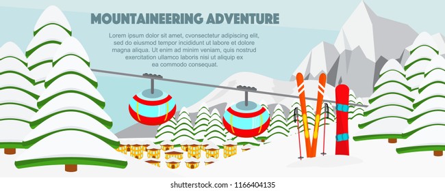 Ski resort banner flat vector illustration. Cable lift, Alps, small village, fir trees, mountains wide panoramic background. Ski hills, winter web banner design cartoon elements.
