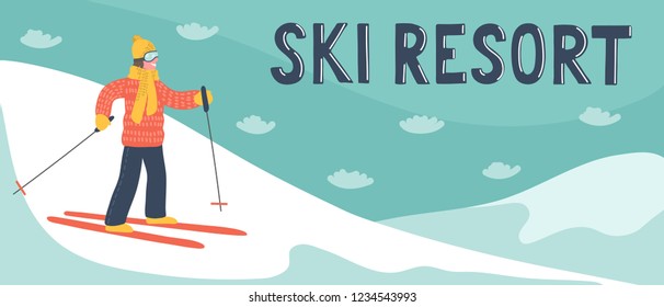 Ski resort banner. Hand drawn skier in the mountains with hand writing lettering. Winter vacations vector illustration.