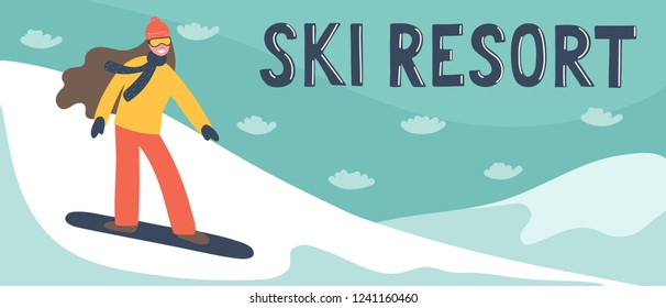 Ski resort banner. Hand drawn woman skiing on snowboard with hand writting lettering. Winter vacations vector illustration.