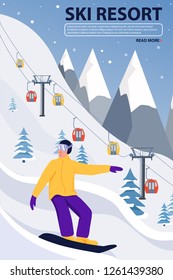 Ski resort banner illustration with ski lift and snowboarder. Sportsman slide down the slopes. Snowboarding in the mountains. Vector illustration.