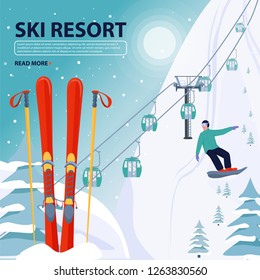 Ski resort banner illustration with ski lift and equipment. Sportsman slide down the slopes. Winter landscape with mountains, fir trees and snow hills. Vector illustration with copy space.