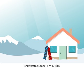 Ski resort banner, mountains landscape, village house, colorful snowboard. Flat winter wide illustration concept