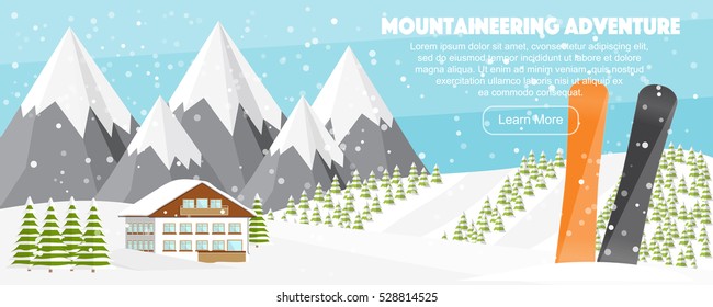 Ski resort banner, panoramic mountains landscape, fir trees forest, village house, colorful snowboard. Flat winter wide illustration concept
