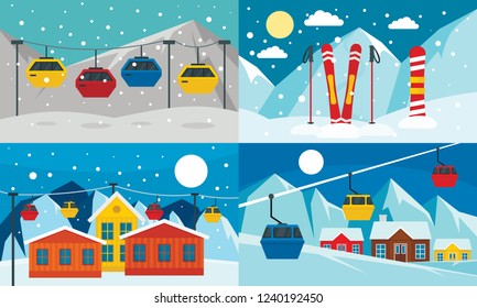 Ski resort banner set. Flat illustration of ski resort vector banner set for web design