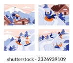 Ski resort banners or cards flat cartoon style set of vector illustrations. Sports recreation and skiing in winter advertising banners or posters collection.