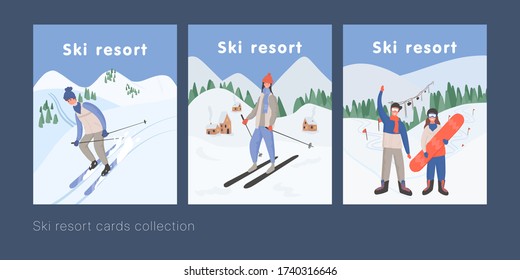 Ski resort banners concept for design and web. Men and women in winter clothes doing winter activities in winter landscape vector flat cartoon illustration. Skiing, snowboarding.