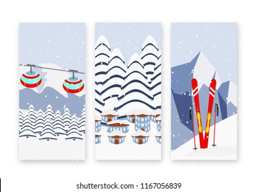 Ski resort banners set, cartoon vector illustration, flat style. Cable car lift, snow mountains, village houses, fir trees and ski equipment graphic design elements.
