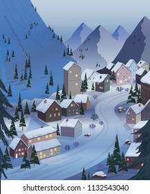 Ski resort. Beautiful landscapes with mountains, houses, hotels, fir trees and ski lift. Night scenery. Vector illustration