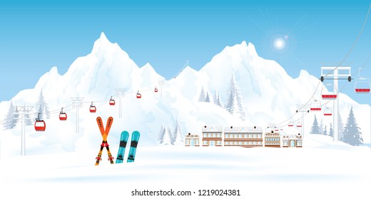 Ski resort with cable cars or aerial lift and ski-lift moving above the ground against winter landscape with mountains and house in the snowy forest , vector illustration.