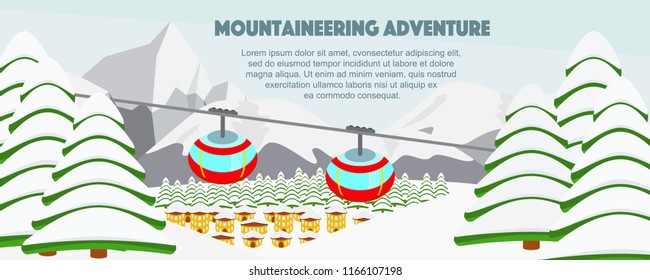 Ski resort, cable lift flat vector illustration. Alps, small village, fir trees, mountains wide panoramic background. Ski hills, winter web banner design cartoon elements.