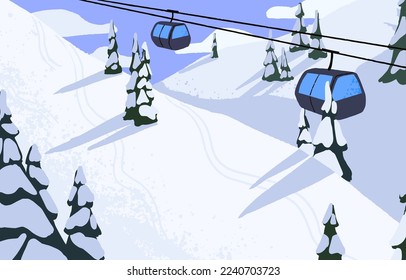 Ski resort with cable way, chairlifts and slope covered with snow. Winter landscape, snowy scenery with ropeway, trees in Alps mountains in cold sunny weather, frost. Flat vector illustration