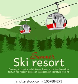 Ski resort with cableway gondola ski lift and mountains in the summer with copyspace for text