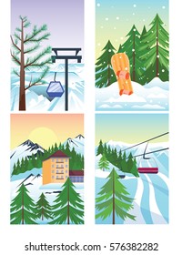 Ski resort cableway vector mountain peaks aerial lift cable car landscape forest skiing snowboard mountainous valleys winter holidays activity illustration.