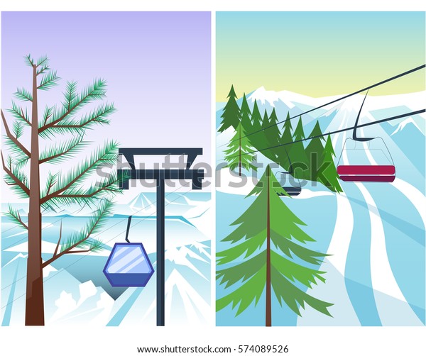 Ski resort cableway vector\
mountain peaks aerial lift cable car landscape forest skiing \
mountainous valleys winter holidays activity\
illustration.