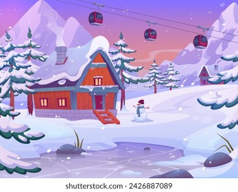 Estación de esquí. Paisaje de dibujos animados de Canadá. Árboles nevados. Cumbres de montaña. Teleférico de esquí. Luz del cielo. Casa de madera. Glaciar de roca alpina. Viajes de invierno. Lago de hielo congelado. Bosque de pinos. Ilustración de vector