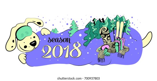 Ski resort cartoon illustration with dog 2018
