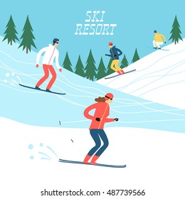 Ski resort cartoon illustration. Skiers and snowboarders set. Winter illustration for your design.