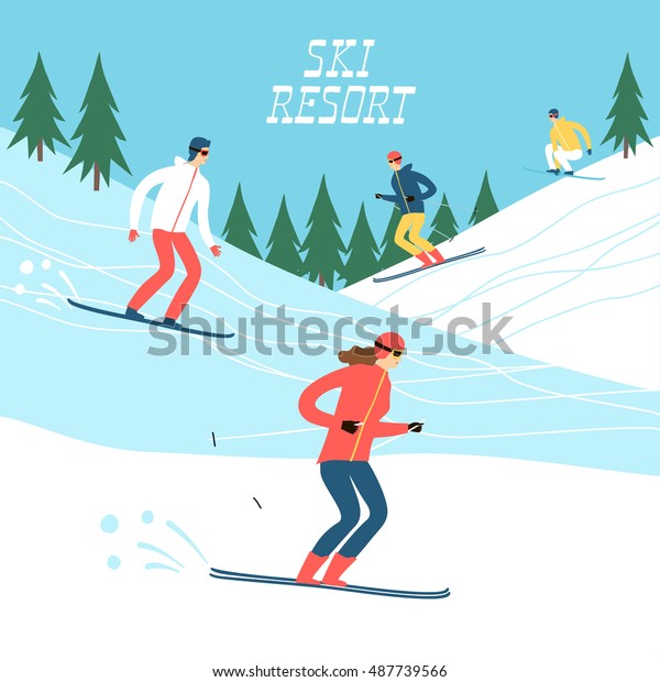 Ski Resort Cartoon Illustration Skiers Snowboarders Stock Vector ...