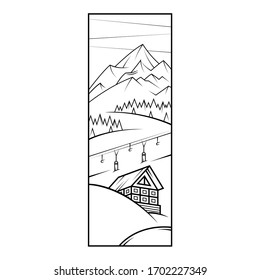 Ski resort, chalet, mountains in the snow. Ski lift.Flat minimal linework hand drawing icon illustration . Black linear contour vertical logo.