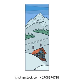 Ski resort, chalet, mountains in the snow. Ski lift.Flat minimal linework hand drawing icon illustration . Pastel color vertical  logo.