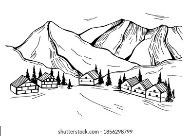 Estación de esquí. Chalet en las montañas. Ilustración de esbozo del vector.