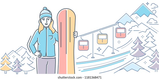 Ski resort - colorful line design style illustration on white background. High quality composition with a young woman with sportive equipment, snowboard. Lift, mountain, trees. Winter sport concept