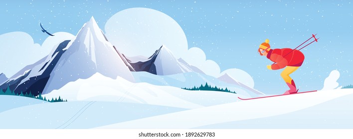 Ski resort composition with alpine skiing symbols flat vector illustration