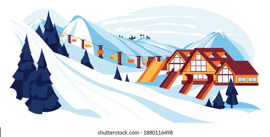 Ski resort concept. Beautiful winter mountain landscape with cableway and village chalets. Winter holiday vacation, skiing and outdoor activities cartoon vector illustration