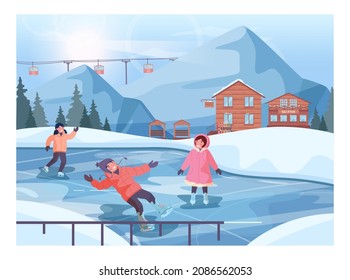 Ski resort concept. Happy children skate on a skating rink. Cute kids in outwear and ice skates. Winter activity in the park. Vector flat illustration