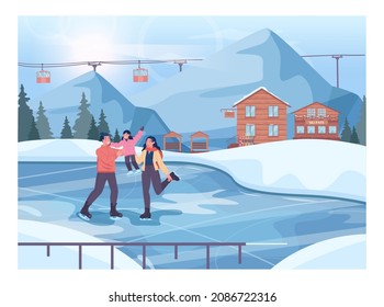 Ski Resort Concept. Happy Mom, Dad And Kid Skate On A Skating Rink. Cute Family In Outwear And Ice Skates. Winter Activity In The Park. Vector Flat Illustration