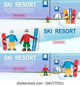 ski resort concept, set of horizontal banners with man skiing on snowboard or skiing, set of equipment vector illustration flat
