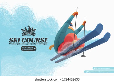 Ski resort course ads with professional skier jumping in the air, cool fog background, low angle view illustration