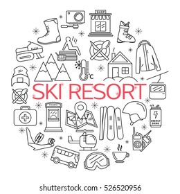 Ski resort design template poster. Outline vector of Ski and Snowboard icons. Elements Ski resort.