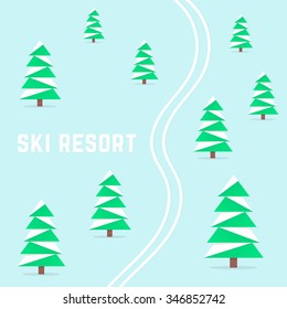ski resort with downhill skiing. concept of hibernal rest, wintertime, brumal, alpine, wintry relax, terrain, wilderness, health recreational area. flat style trend modern design vector illustration