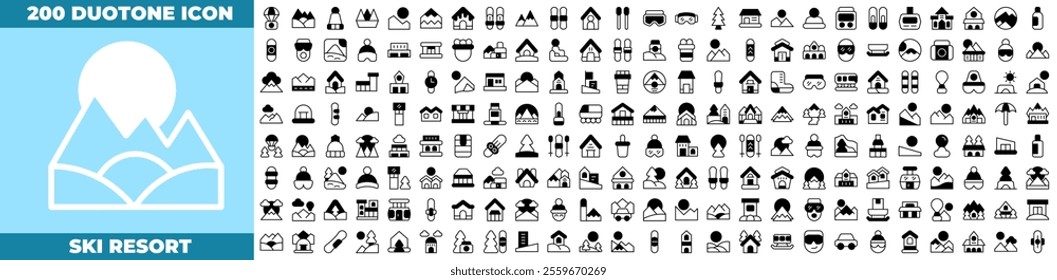 Ski Resort Duotone Editable Icons set. Vector illustration in modern thin duotone style of Ski Resort icons: ski, winter, resort, etc