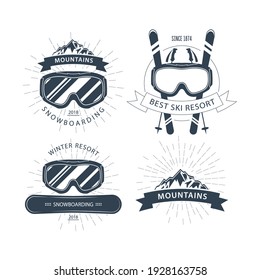 Ski resort emblems and labels with ski goggles and mountains, winter sports stickers, vector