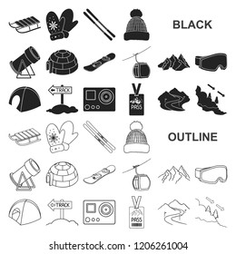 Ski resort and equipment black icons in set collection for design. Entertainment and recreation vector symbol stock web illustration.