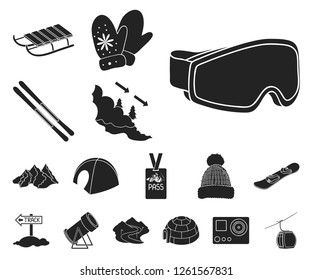 Ski resort and equipment black icons in set collection for design. Entertainment and recreation vector symbol stock web illustration.