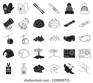 Ski resort and equipment black,outline icons in set collection for design. Entertainment and recreation vector symbol stock web illustration.